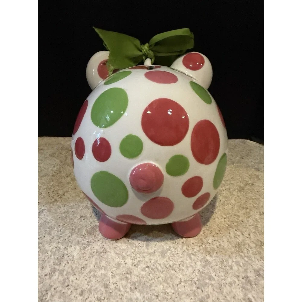 Burton + Burton Classic Circles Ceramic Piggy Bank Pink Green Dots 2009